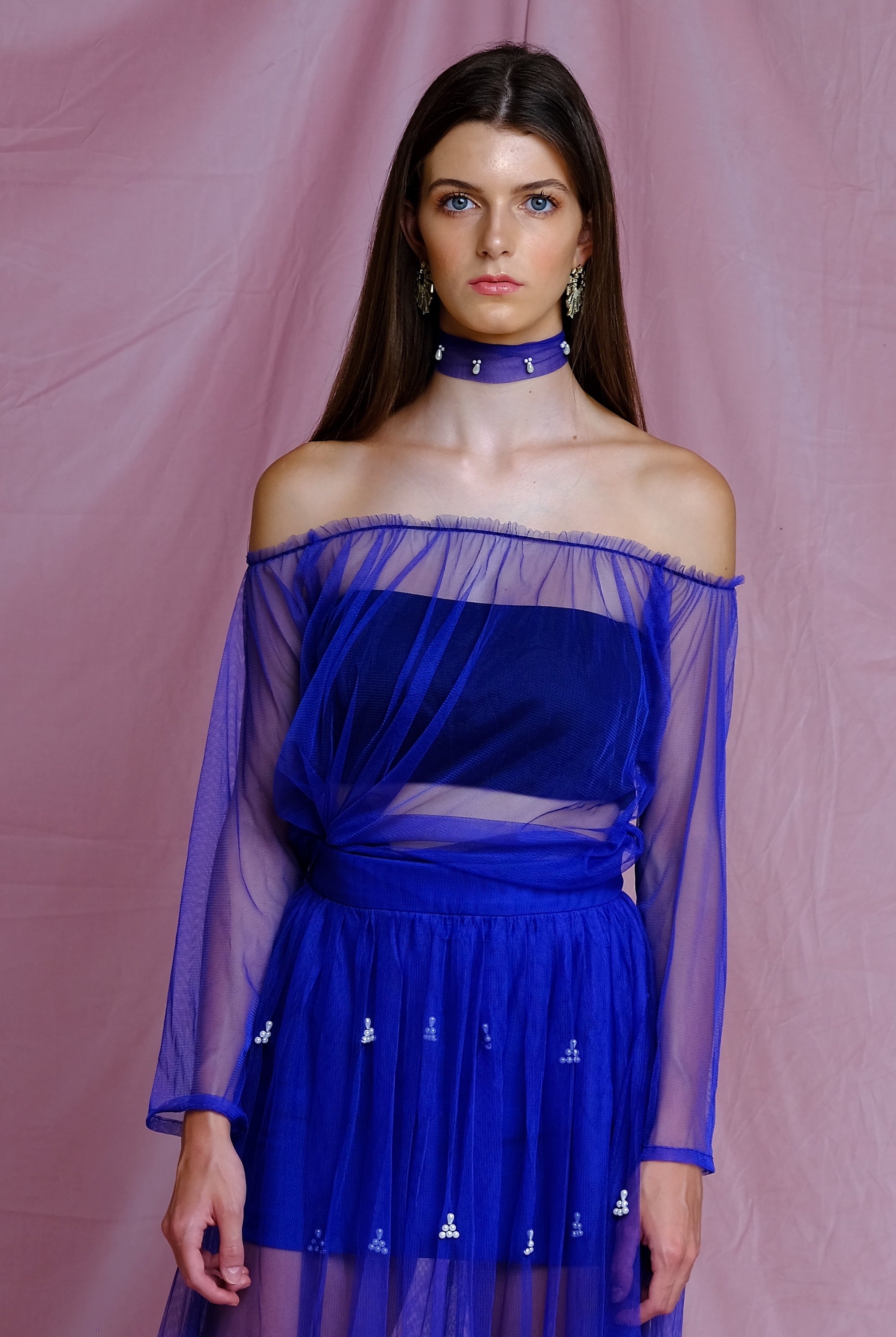 Blue Cobalt adjustable off-shoulder Tulle Top