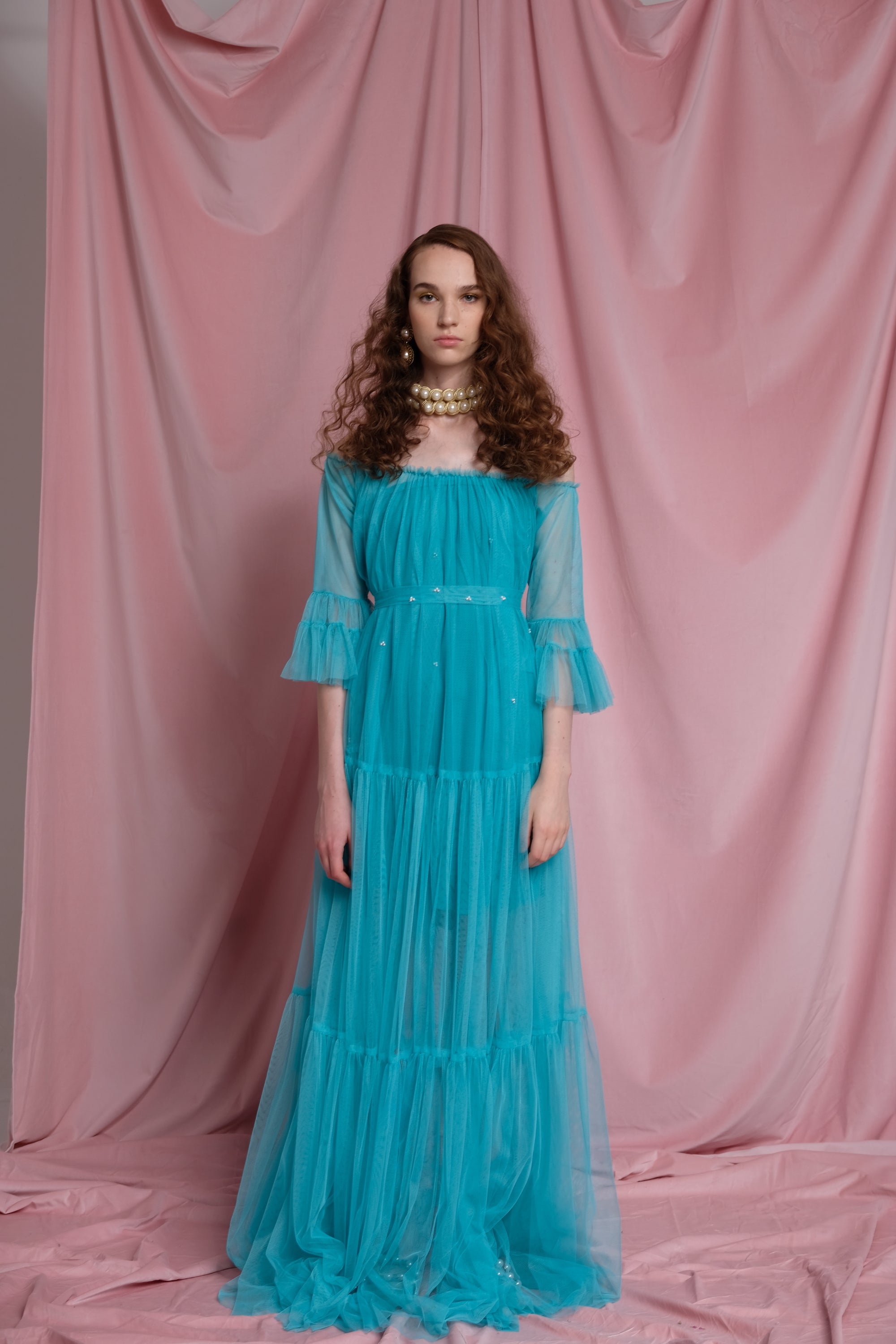 Turquoise Adjustable Offshoulder Tulle Princess Dress with Pearls