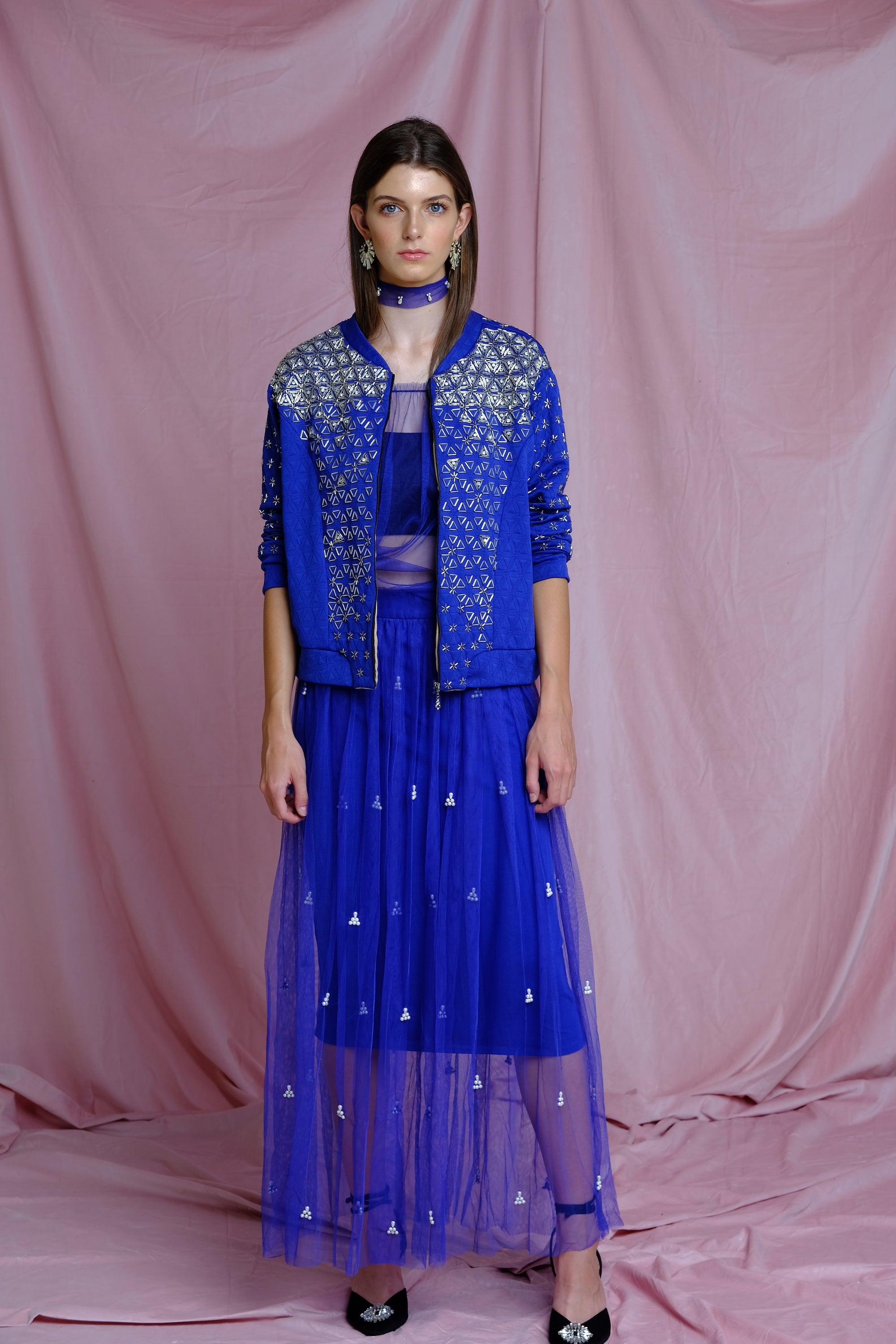 Blue Cobalt Bomber Jacket with Silver Embroidery