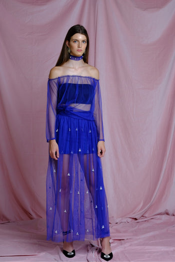 Cobalt Blue Skirt With Pearl Embroidery