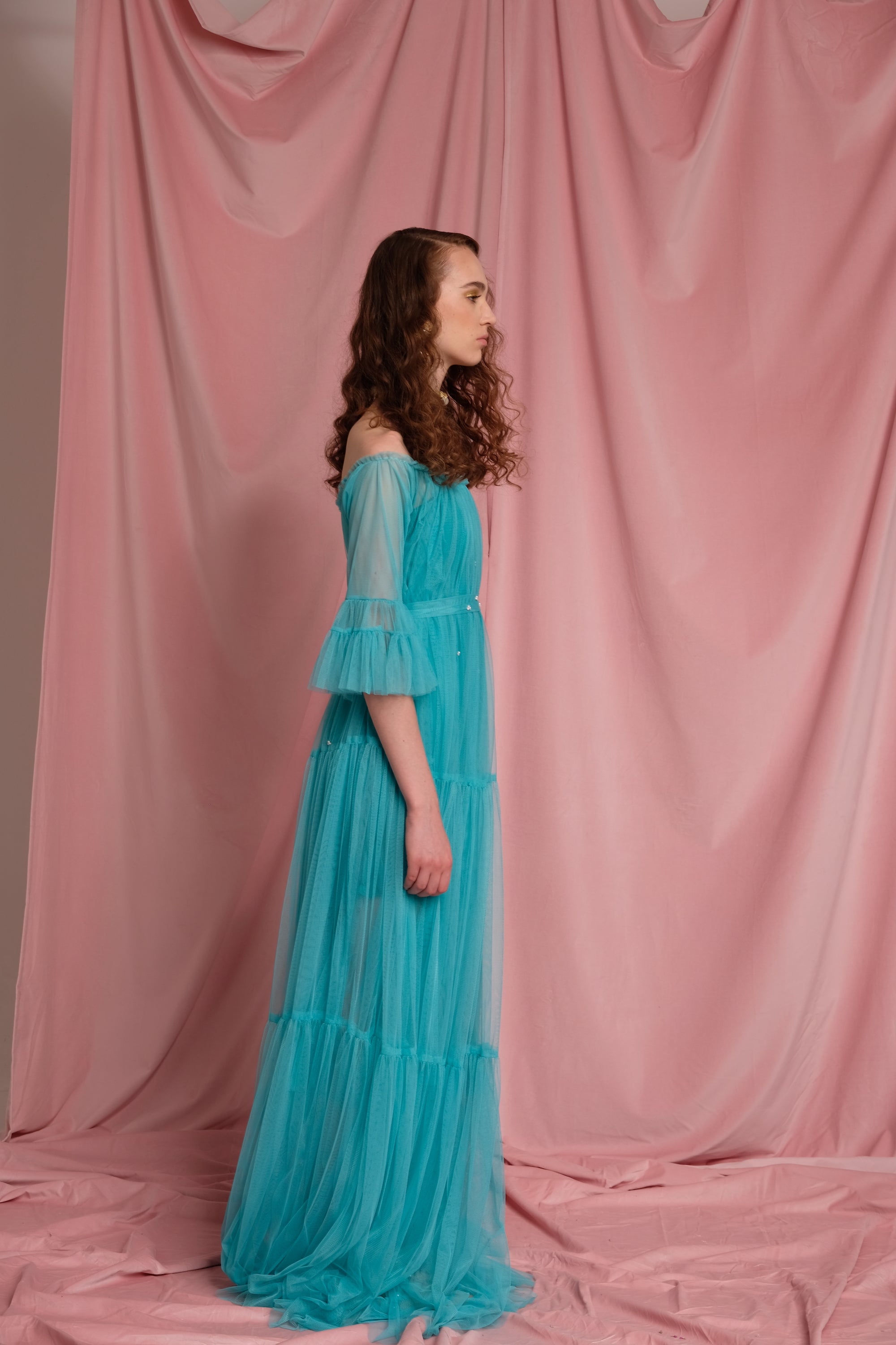 Turquoise Adjustable Offshoulder Tulle Princess Dress with Pearls