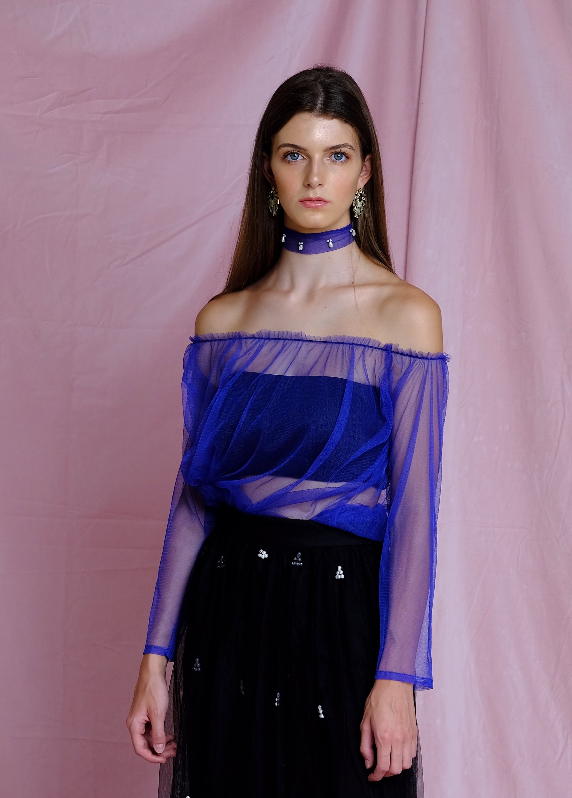 Blue Cobalt adjustable off-shoulder Tulle Top