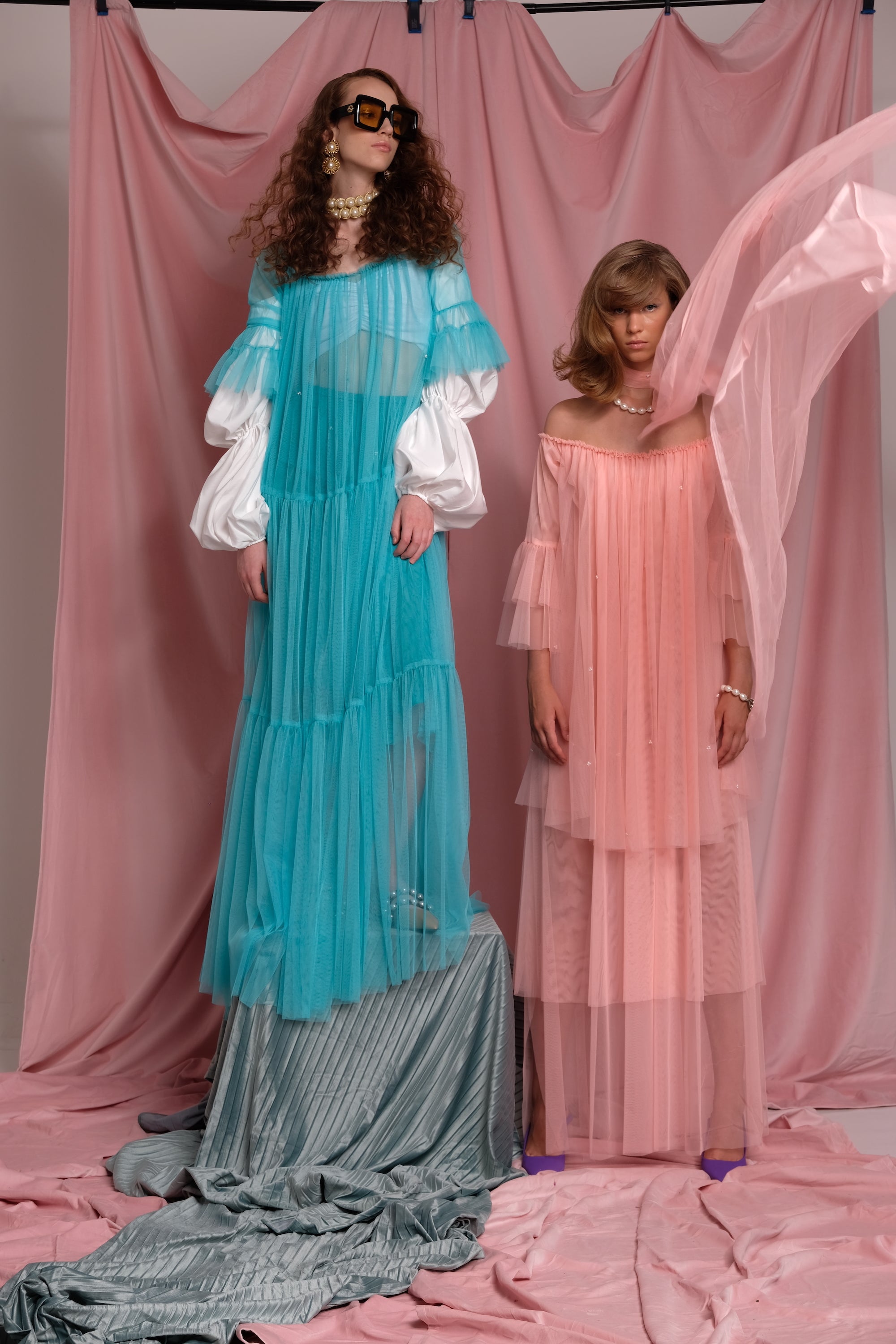 Turquoise Adjustable Offshoulder Tulle Princess Dress with Pearls
