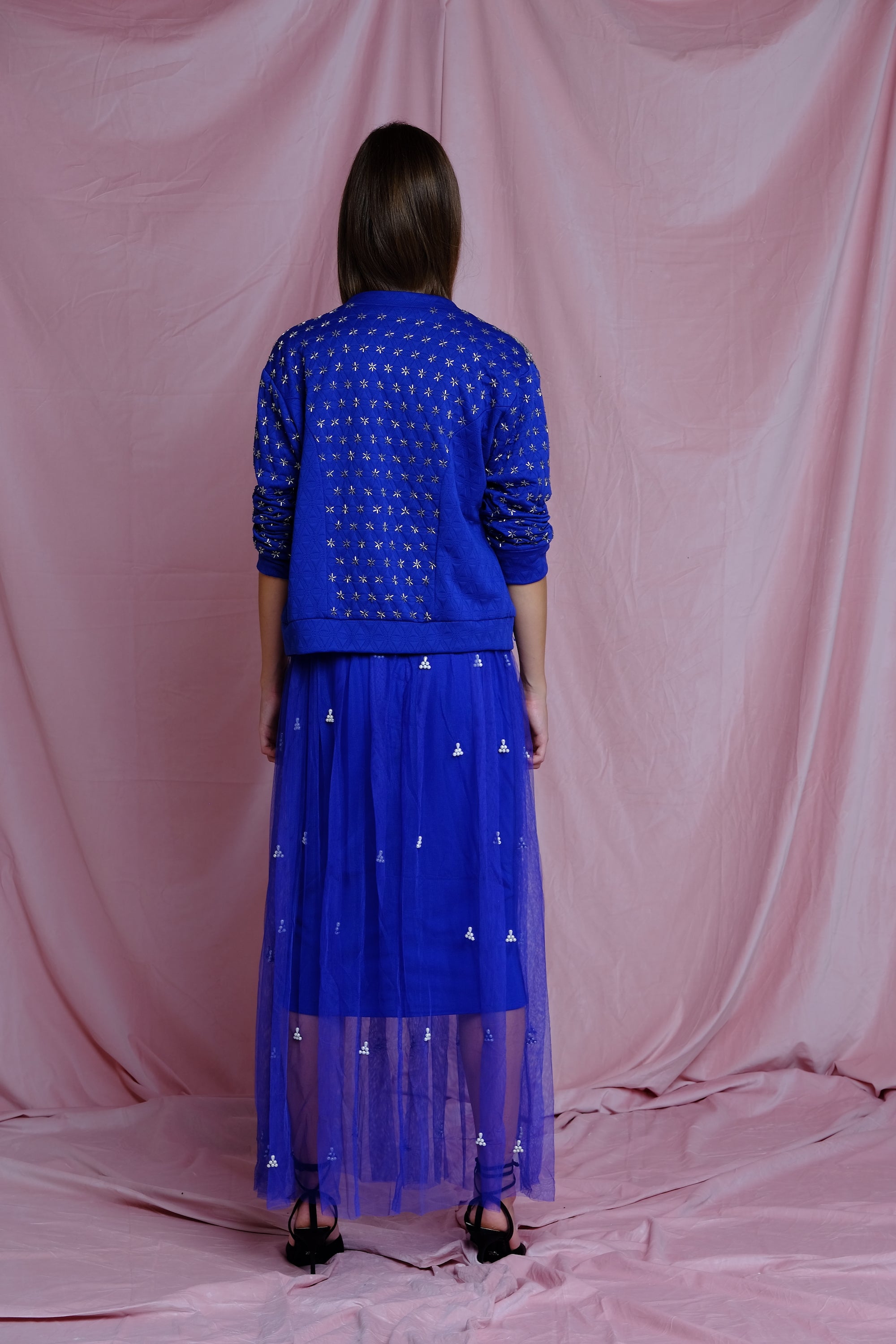 Blue Cobalt Bomber Jacket with Silver Embroidery