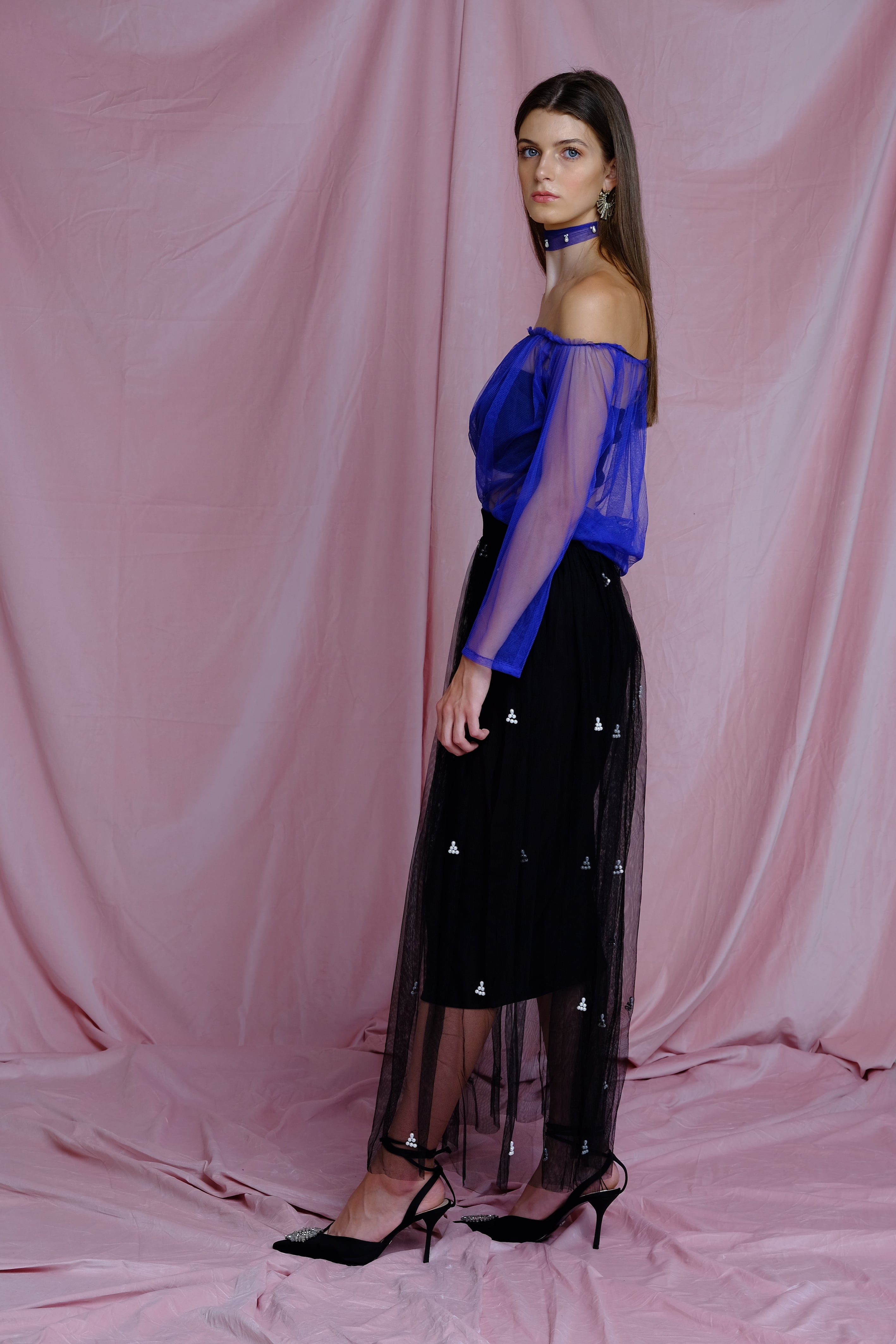 Black Tulle Skirt With Pearls