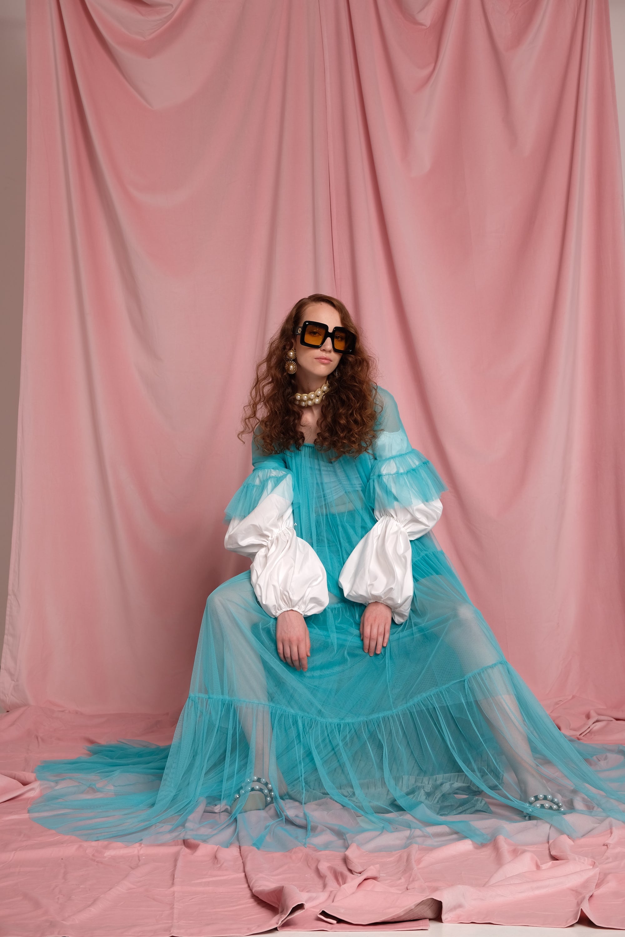 Turquoise Adjustable Offshoulder Tulle Princess Dress with Pearls