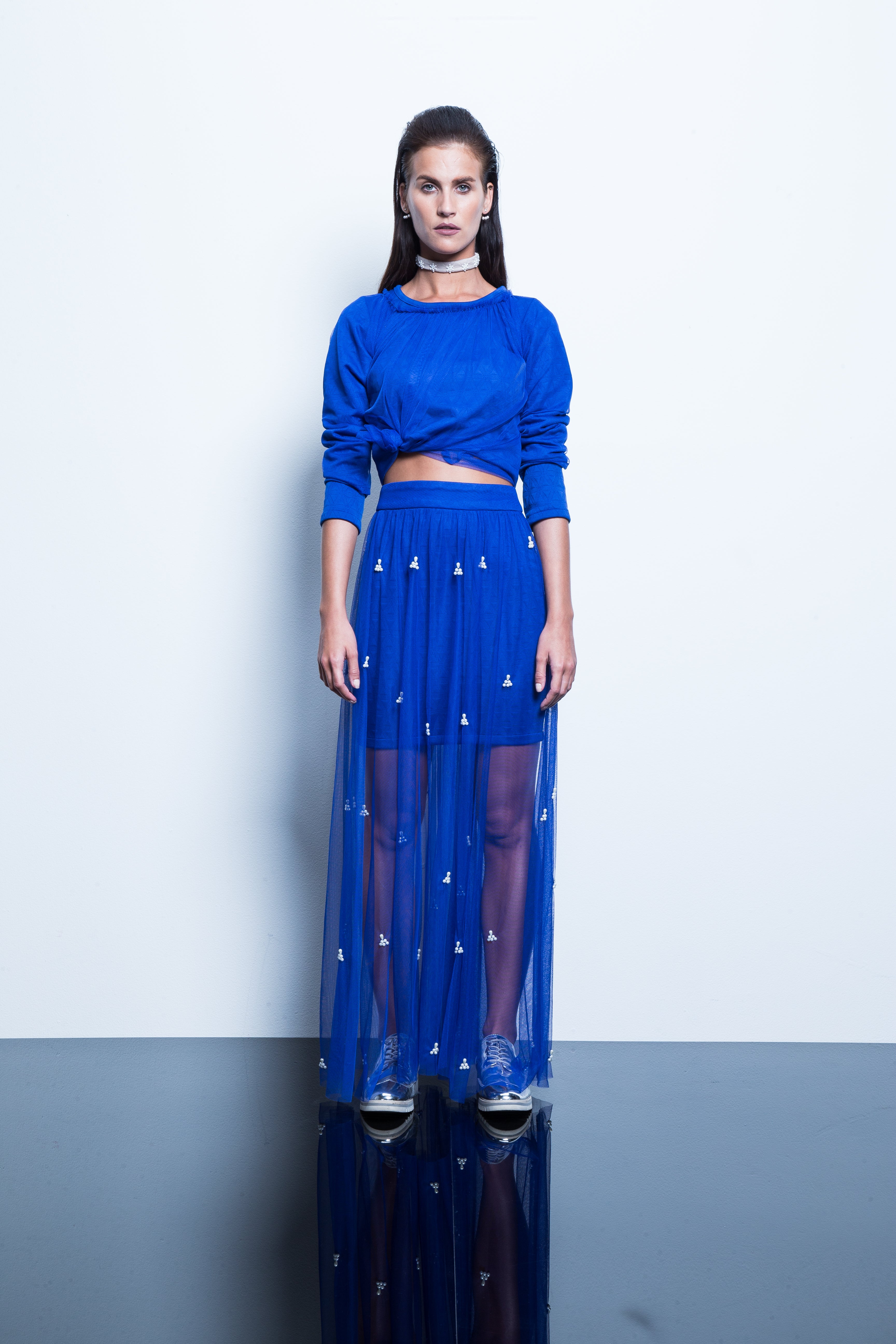 Cobalt Blue Skirt With Pearl Embroidery