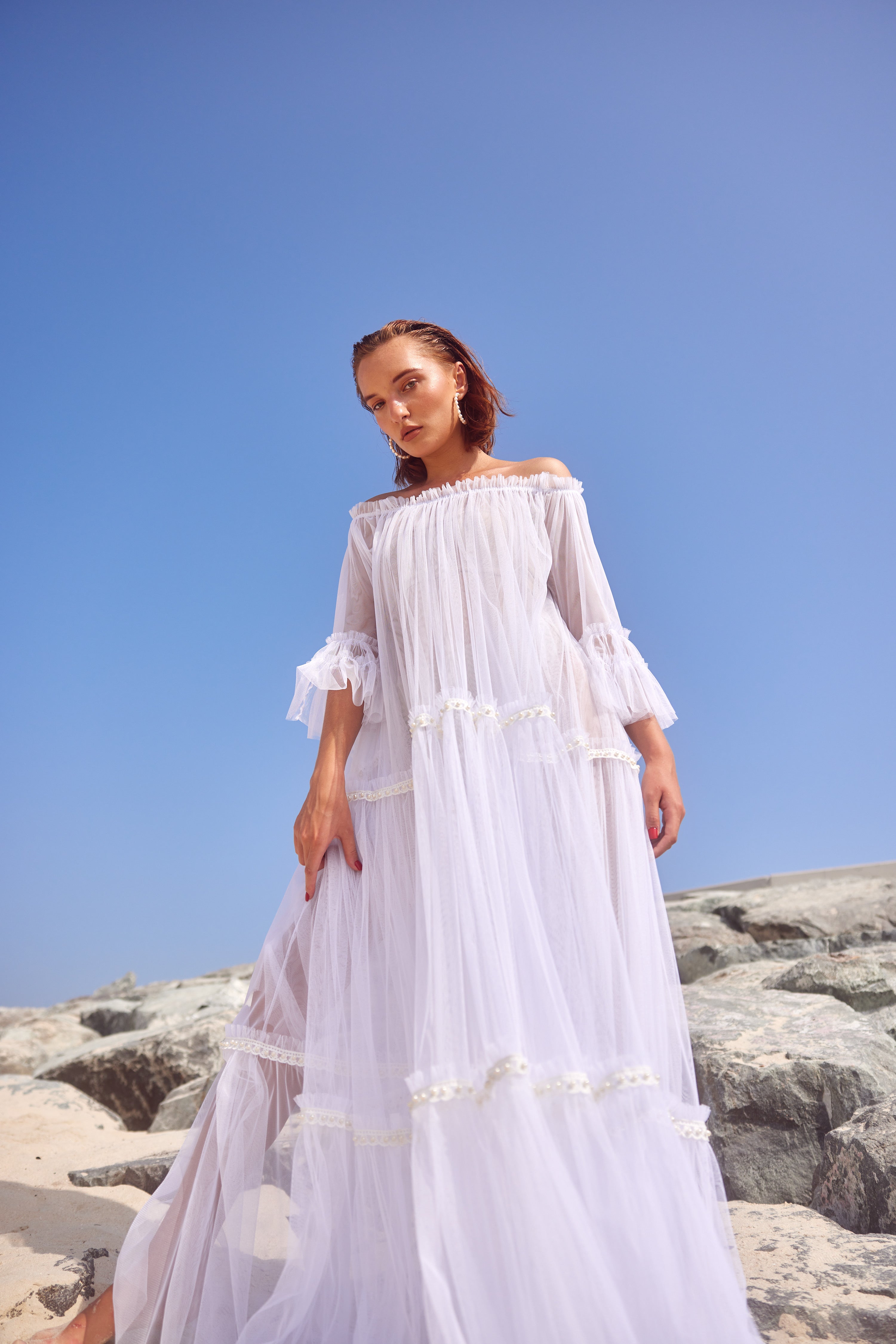 Off-shoulder White Tull Pearl Dress