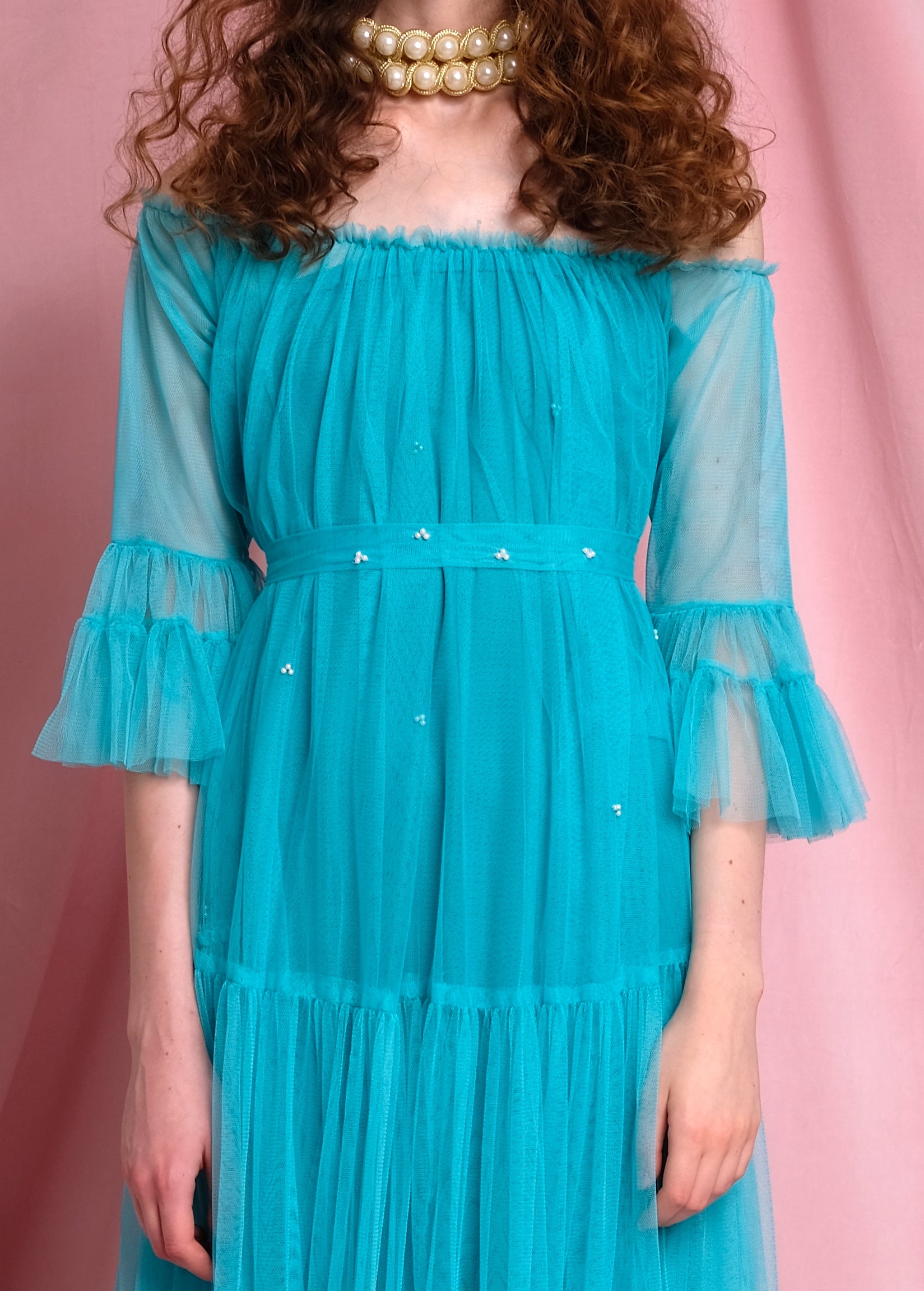 Turquoise Adjustable Offshoulder Tulle Princess Dress with Pearls