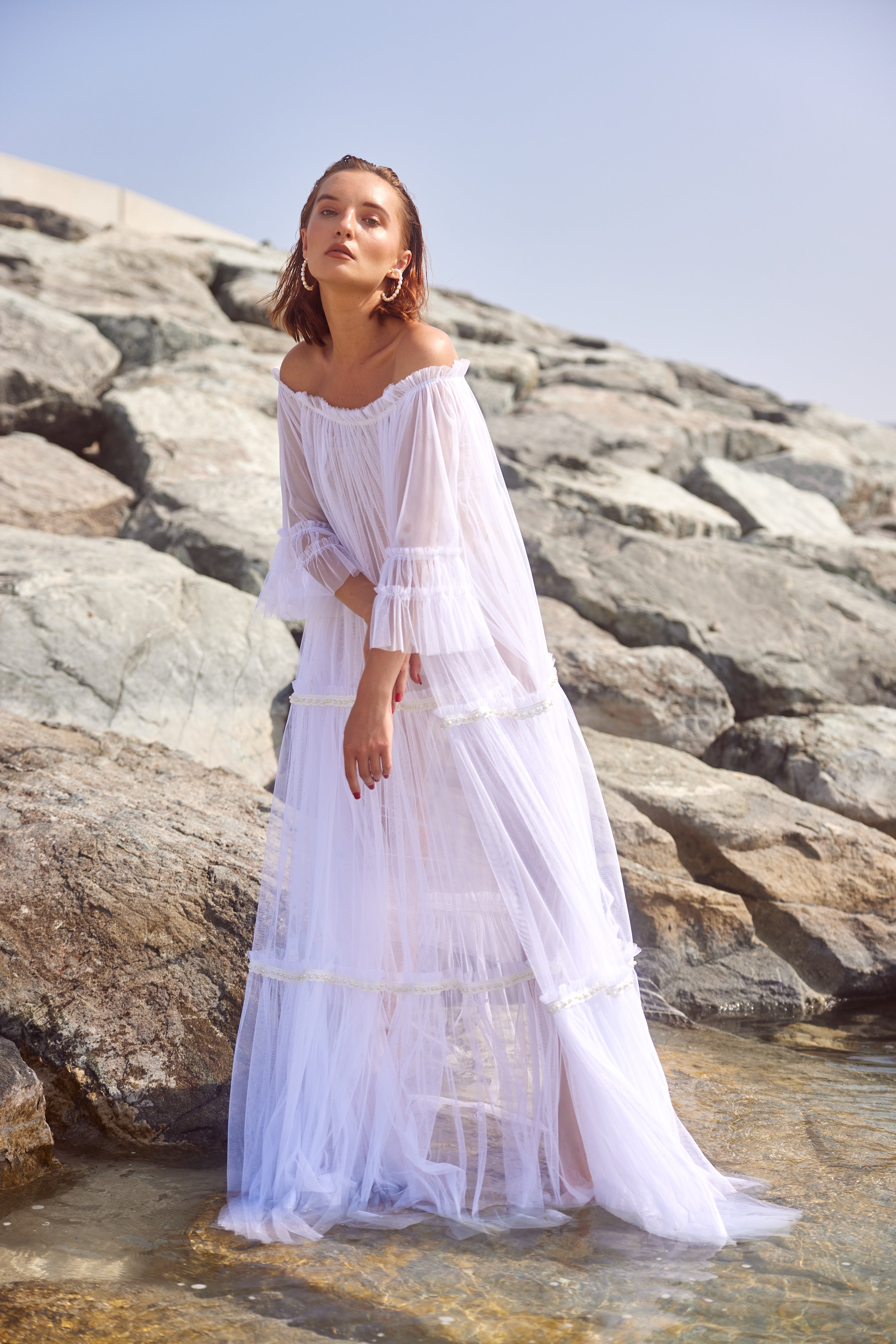 Off-shoulder White Tull Pearl Dress