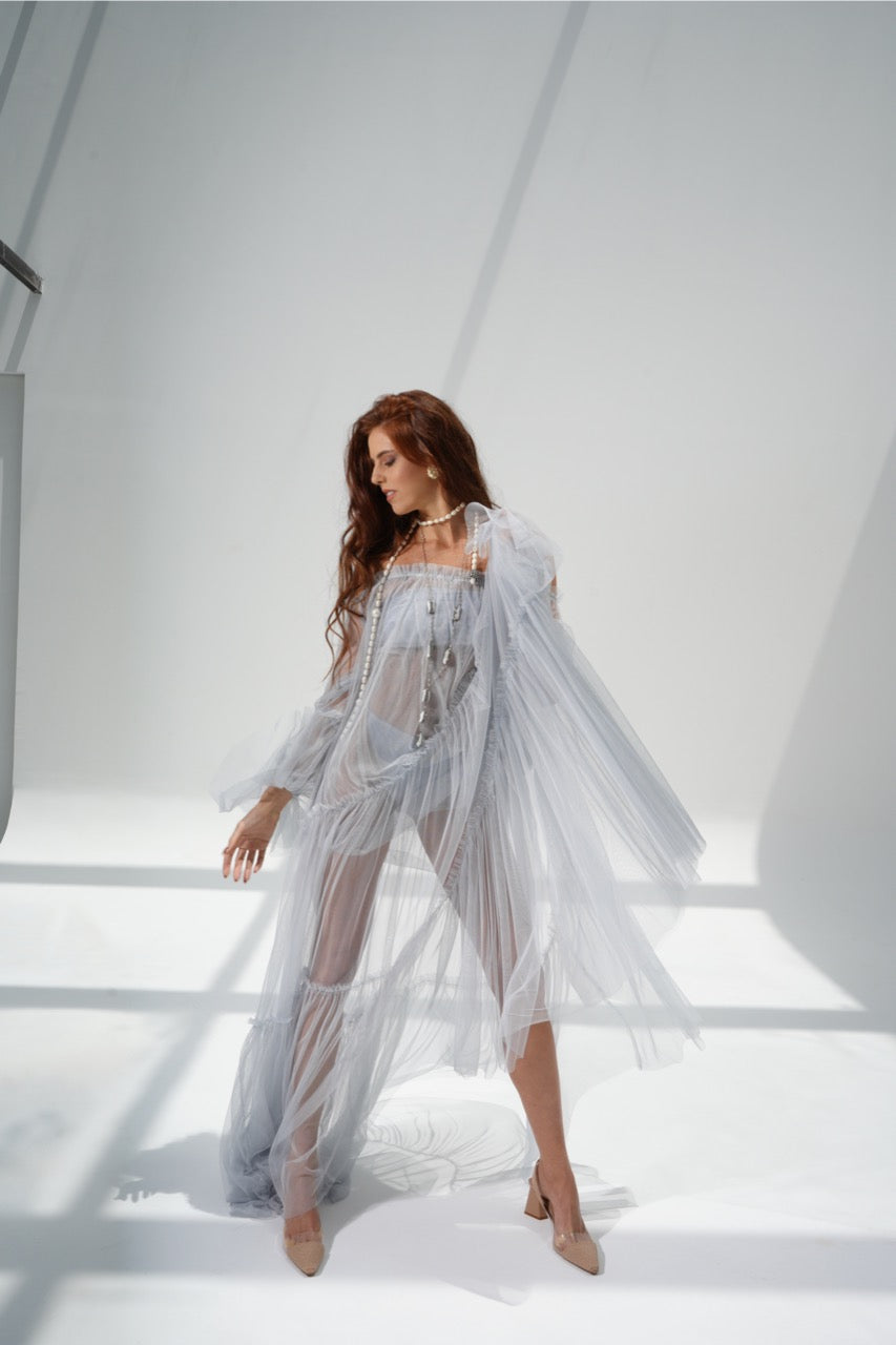 grey sheer dress Sheer Metallic Maxi Dress in Silver