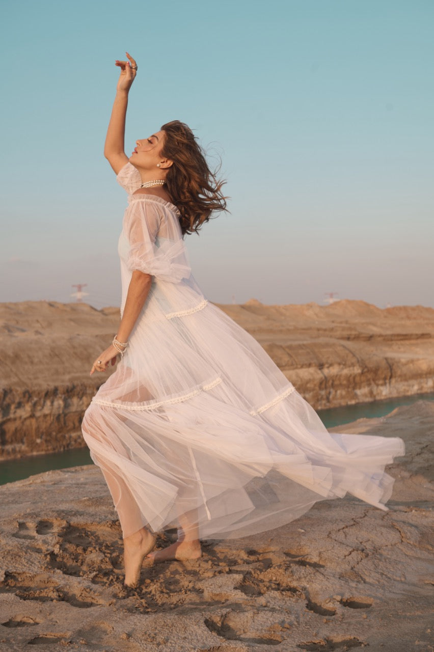 Off-shoulder White Tull Pearl Dress