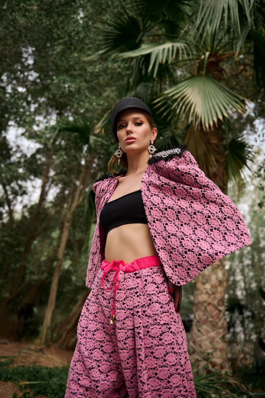 Pink Flower Velvet Cape with shoulder accents
