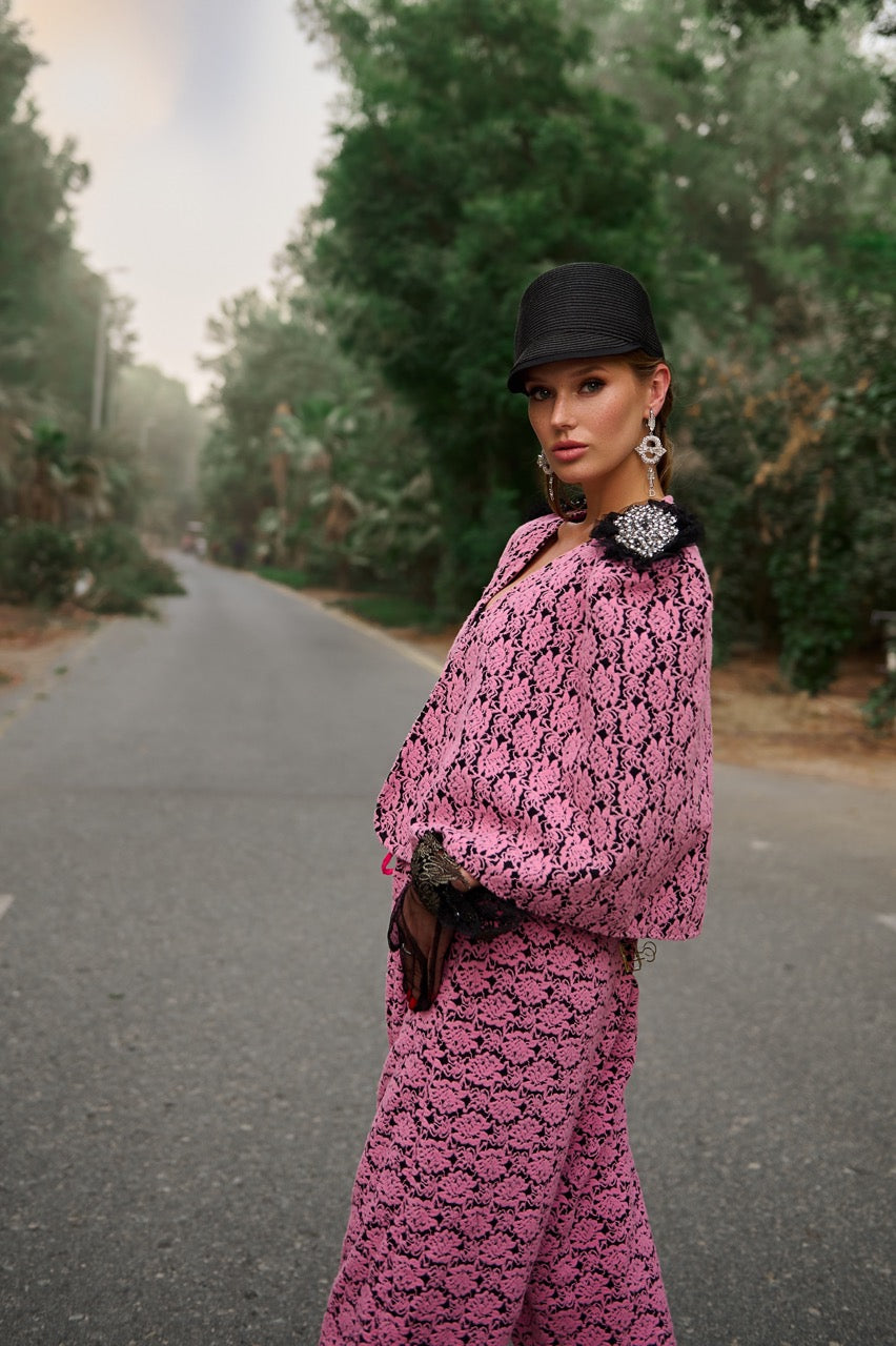 Pink Flower Velvet Cape with shoulder accents