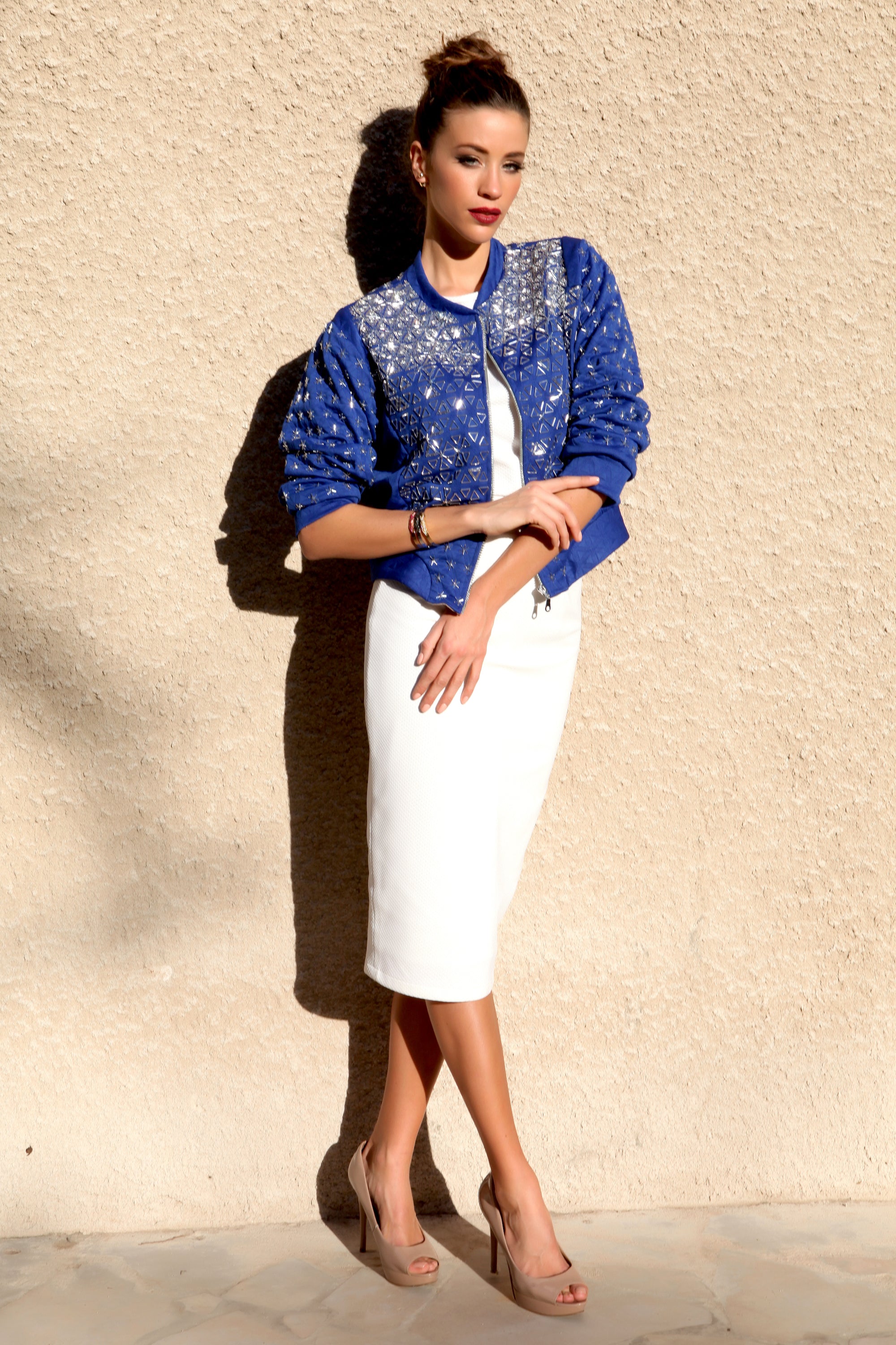 Blue Cobalt Bomber Jacket with Silver Embroidery