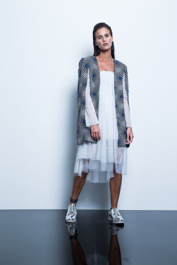 Patterned blazer cape with blue crystal hand embroidery