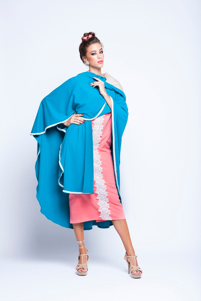 Baby Blue Puncho Wrap Cape With Pearls
