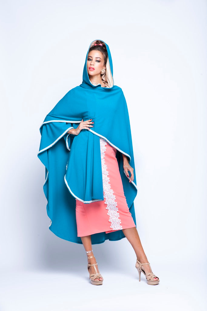 Baby Blue Puncho Wrap Cape With Pearls