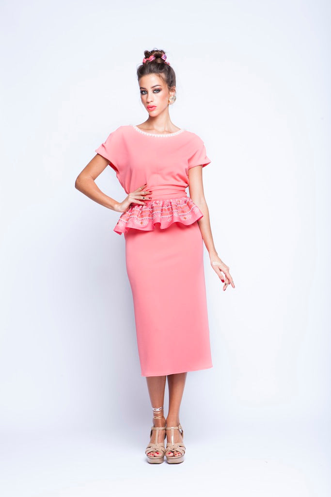 Coral Pink Twin Set With Peplum Embroidery