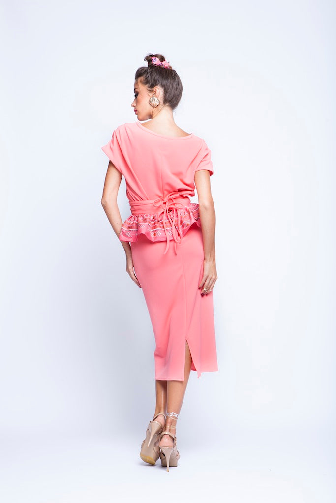 Coral Pink Twin Set With Peplum Embroidery