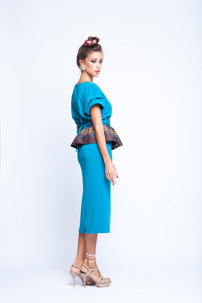 Blue Teal top with pearls Twin Set With Peplum Embroidery