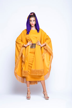 Ochre Puncho Hoodie Cape With Ochre Fringes