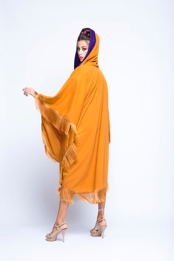 Ochre Puncho Hoodie Cape With Ochre Fringes