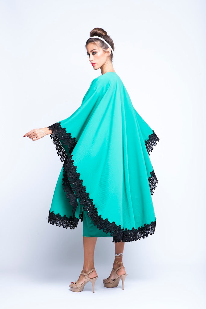 Green Puncho Wrap Cape With Black Lace