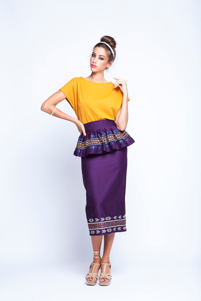 Ochre top And Purple skirt Twin Set With Peplum Embroidery