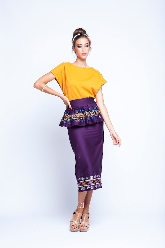 Ochre top And Purple skirt Twin Set With Peplum Embroidery