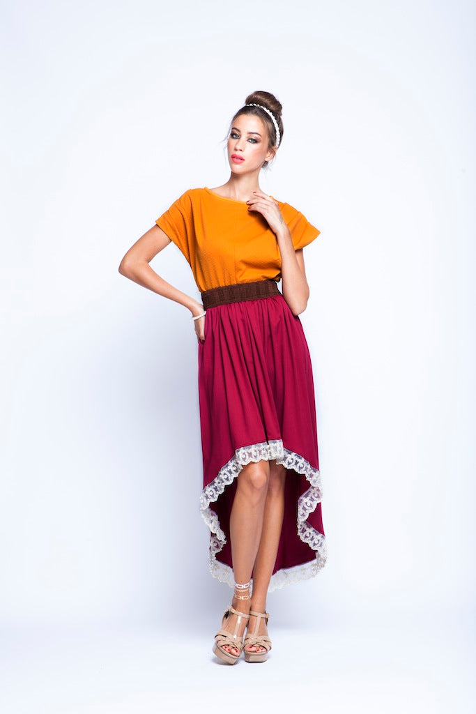 Ochre top And Maroon skirt Twin Set With Pearl Lace