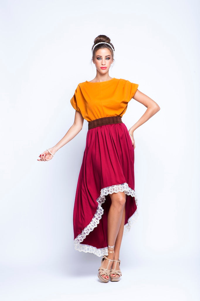 Ochre top And Maroon skirt Twin Set With Pearl Lace