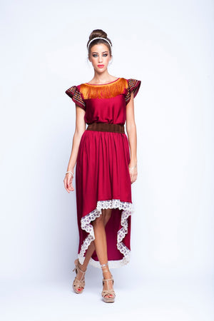 Maroon Twin Set With White Pearl Lace