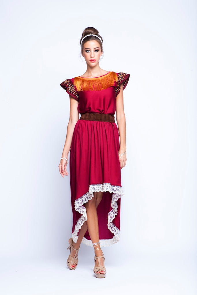 Mona Fares Maroon Twin Set with White Pearl Lace