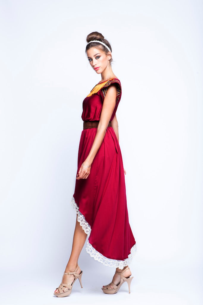 Maroon Twin Set With White Pearl Lace