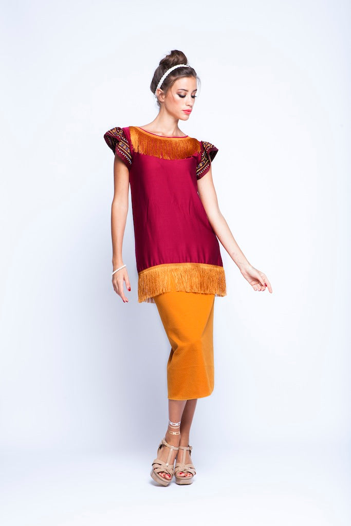 Maroon with Ochre Fringe and Ochre yellow skirt Twin Set With Fringes