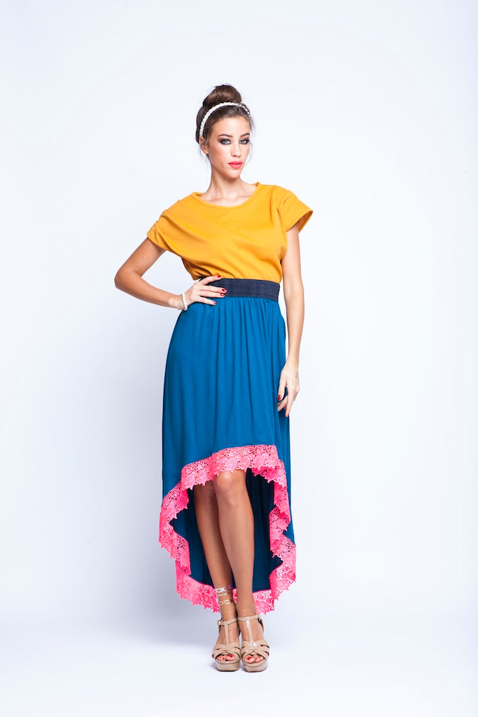 Ochre top And Teal Blue skirt Twin Set With Pink Lace