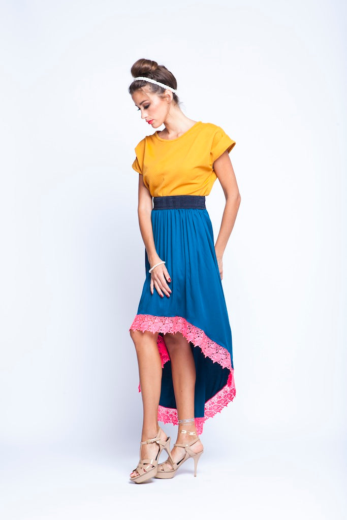 Ochre top And Teal Blue skirt Twin Set With Pink Lace