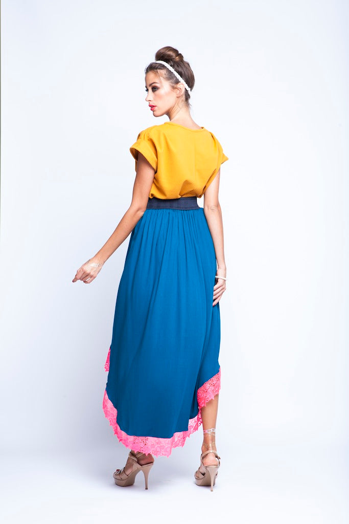 Ochre top And Teal Blue skirt Twin Set With Pink Lace
