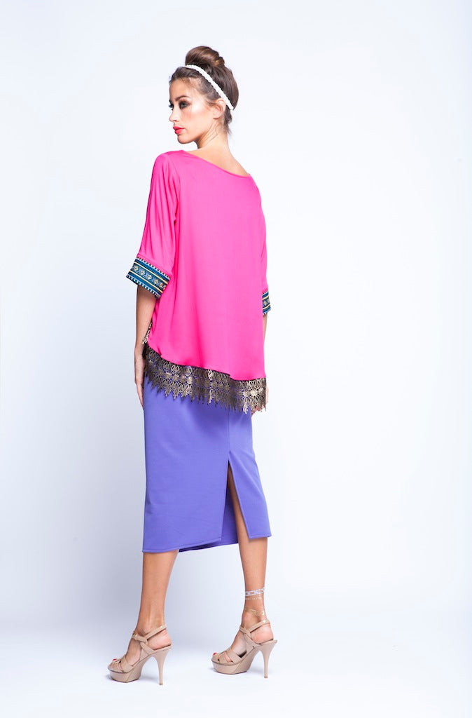 Fuscia Top With Lace And Embroidery