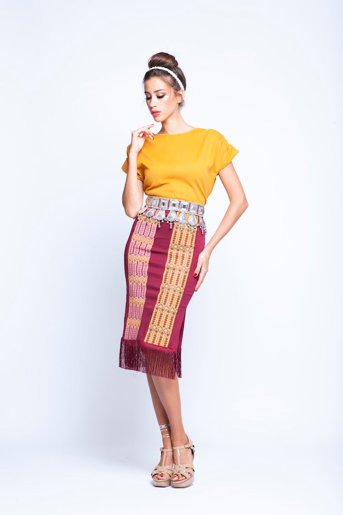 Maroon Rustic Skirt with Embroidery