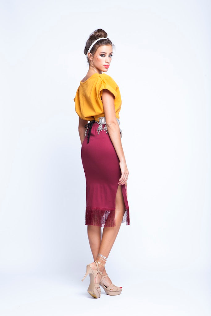 Maroon Rustic Skirt with Embroidery