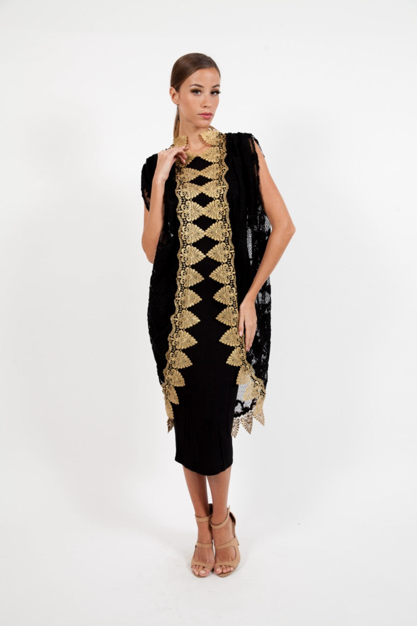 Black Dantelle Cape With Gold Lace Border