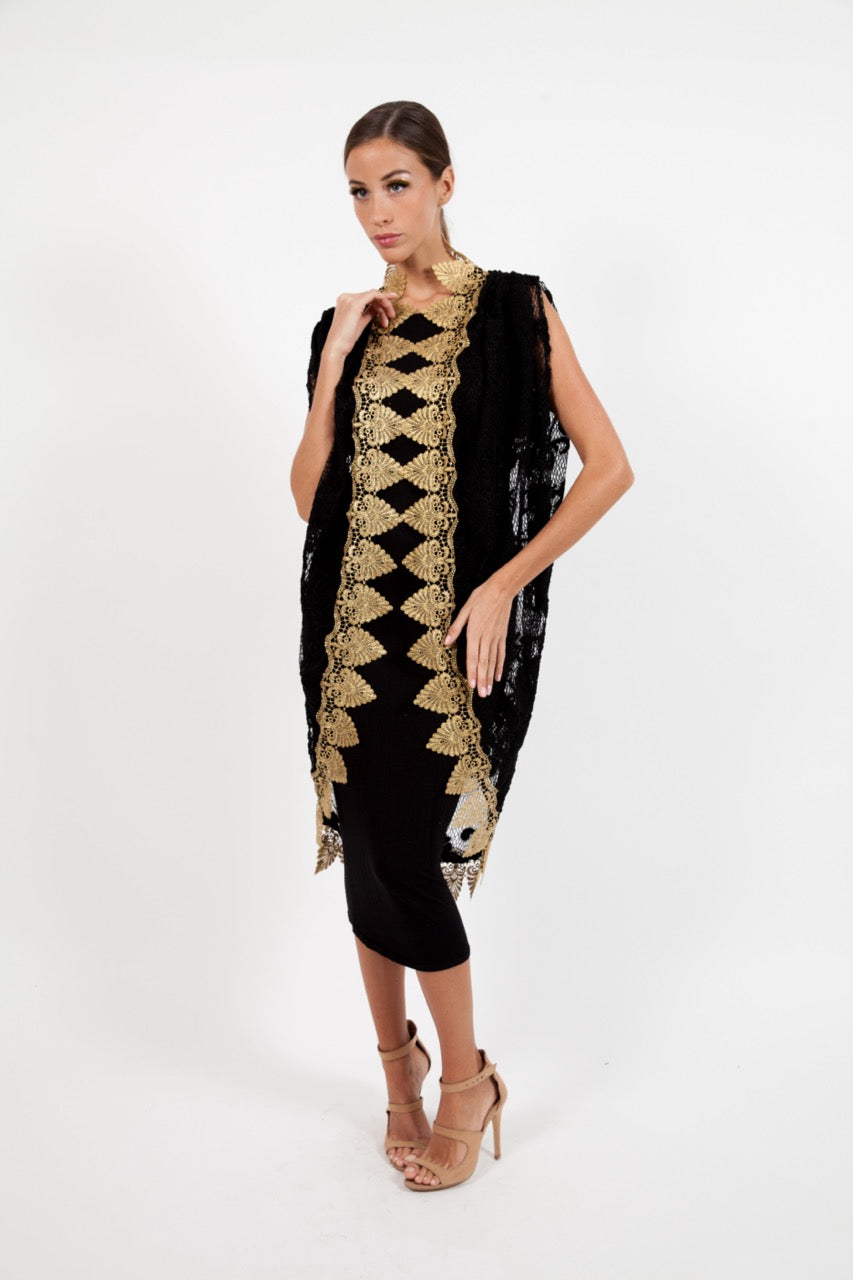 Black Dantelle Cape With Gold Lace Border