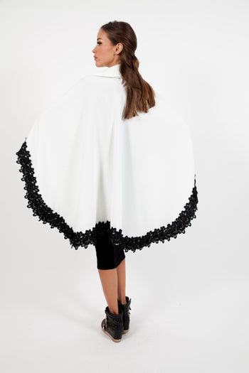 White Hoodie Cape With Black Embroidery