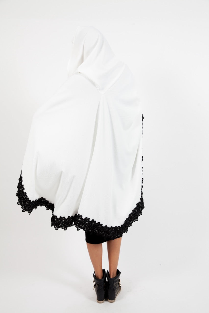 White Hoodie Cape With Black Embroidery