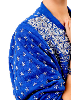 Blue Cobalt Bomber Jacket with Silver Embroidery