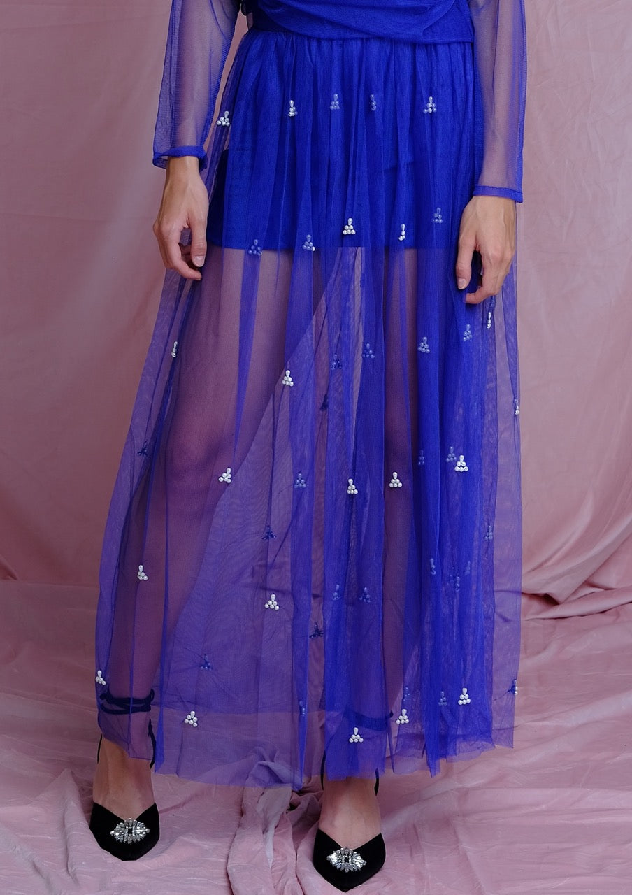 Cobalt Blue Skirt With Pearl Embroidery
