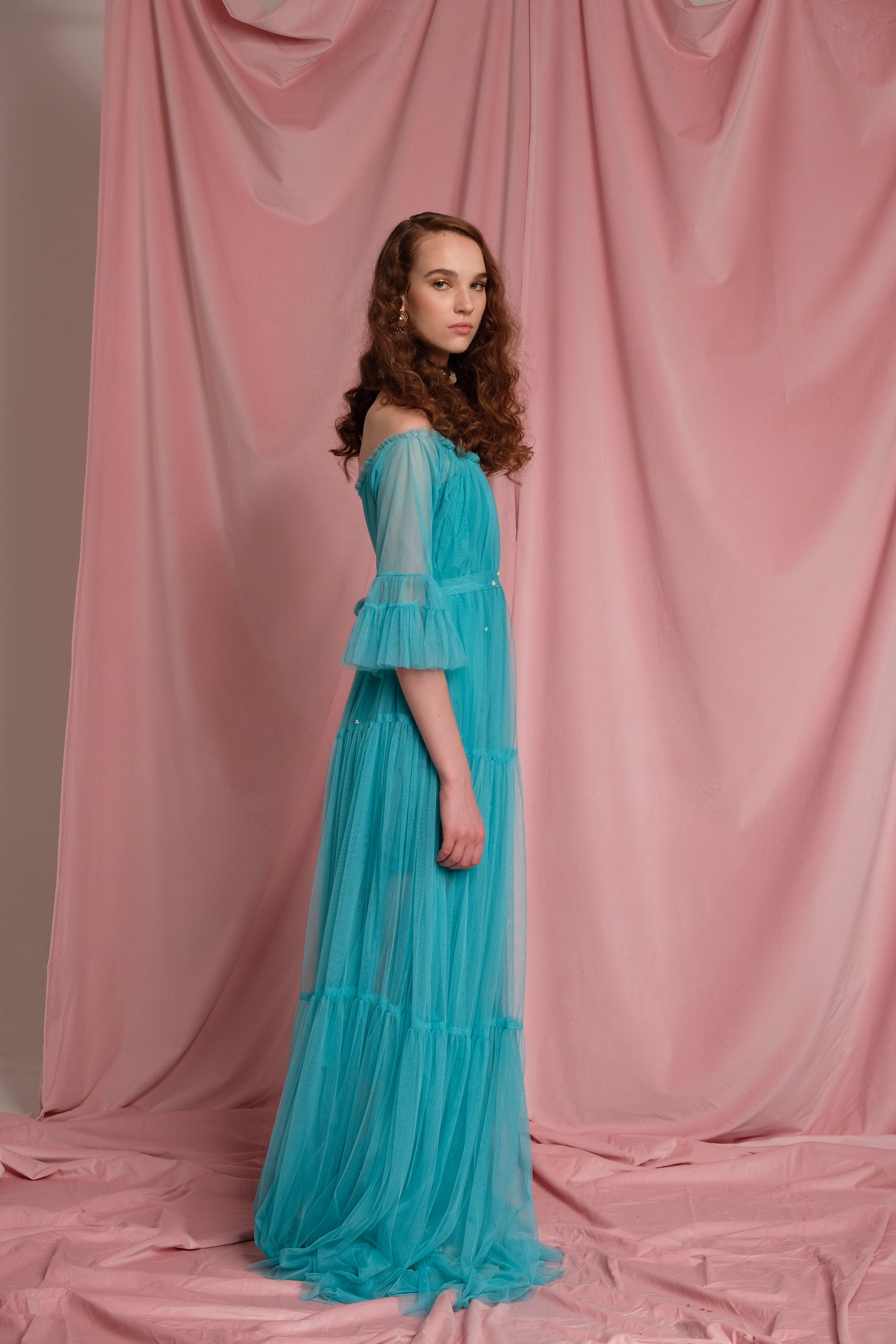 Turquoise Adjustable Offshoulder Tulle Princess Dress with Pearls