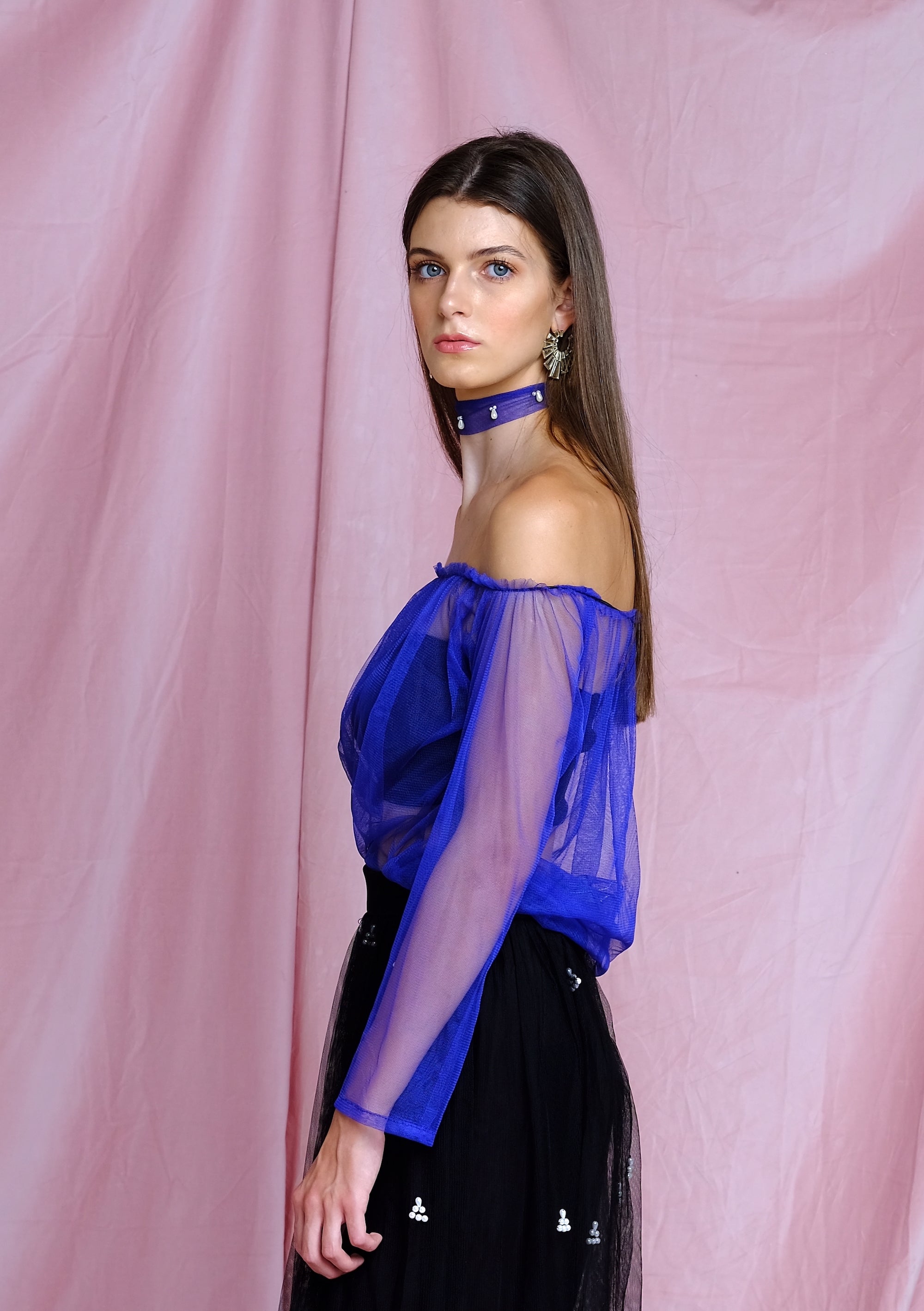 Blue Cobalt adjustable off-shoulder Tulle Top